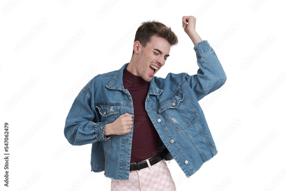 Young caucasian man dancing, isolated on white background.