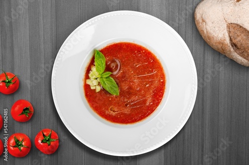 Tomato tasty fresh soup dish in bowl