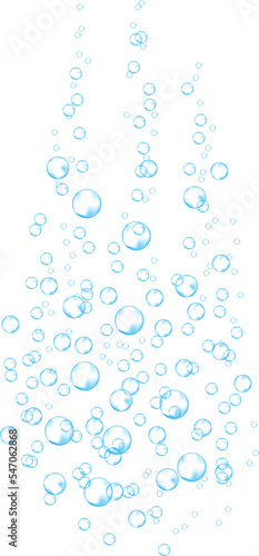Underwater bubbles of fizzing soda. Streams of air. Dissolving tablet. Realistic oxygen pop in effervescent drink. Blue sparkles.