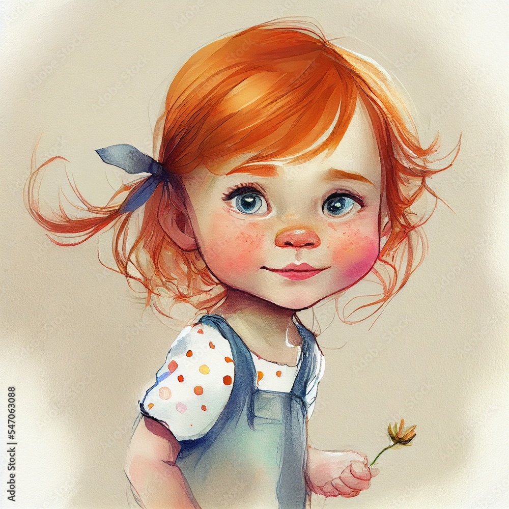 super cute sketch of adorable little red ginger hair kid child girl, generative ai Stock