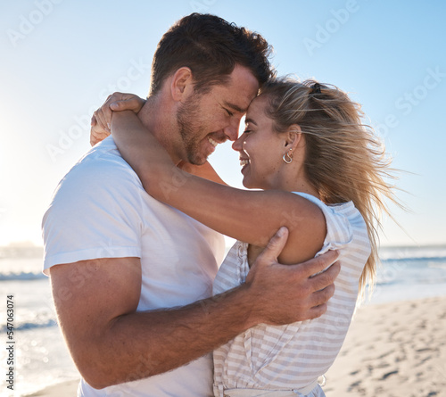 Canvas Print Beach, couple hug and forehead love connection from bonding people on outdoor nature date for peace and freedom