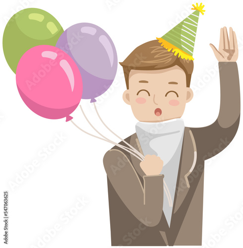 man at the party wearing a celebratory hat holding ballons