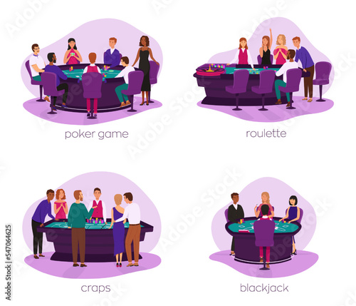 People play roulette, craps game, poker game and blackjack vector set. Four illustrations on the abstract background. Casino, gaming house flat illustration. Happy people characters. For design casino
