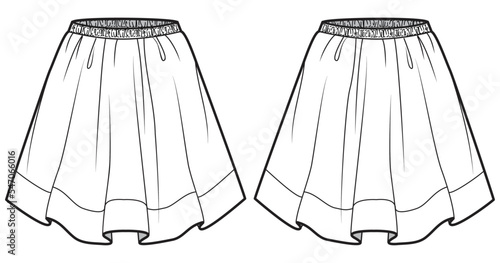 womens elastic waist short skirt flat sketch vector illustration technical cad drawing template