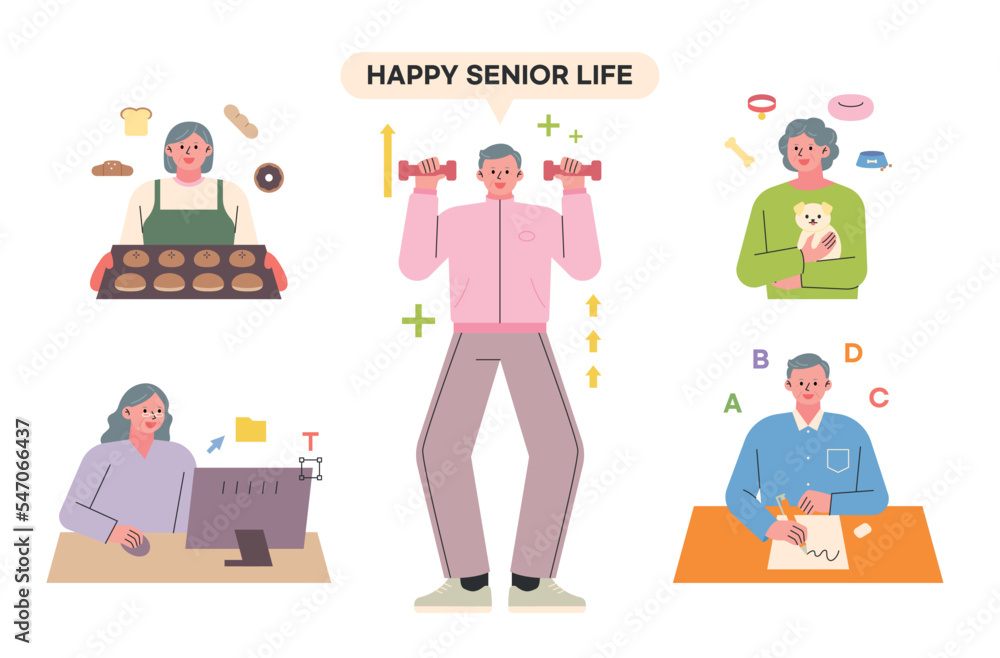 A collection of senior characters who exercise and learn new things for a healthy old age.