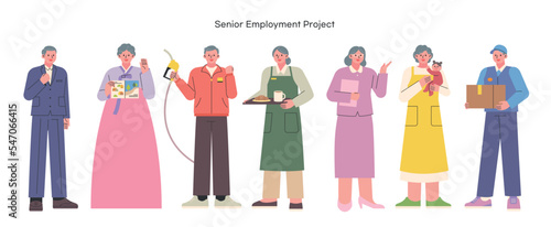 A collection of senior characters wearing uniforms of various professions.