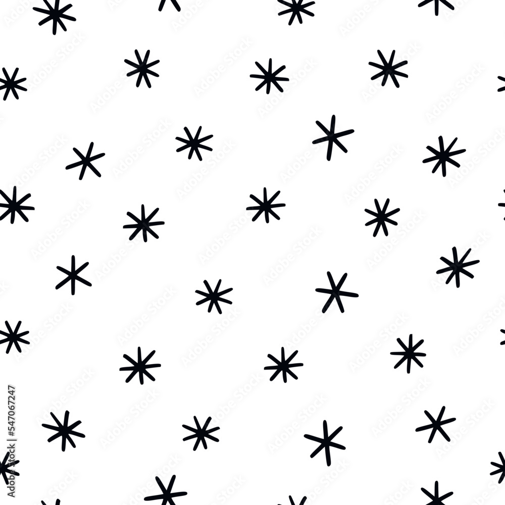 Seamless pattern with simple doodle snowflakes. Black and white vector picture. Seamless pattern with simple doodle snowflakes. Black and white vector picture.