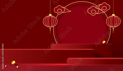 Podium stage chinese style for chinese new year and festivals or mid autumn festival with red background. mock up stage with festive lanterns and clouds. vector design.