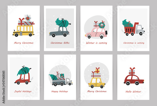 Collection of cute Christmas cards with cars