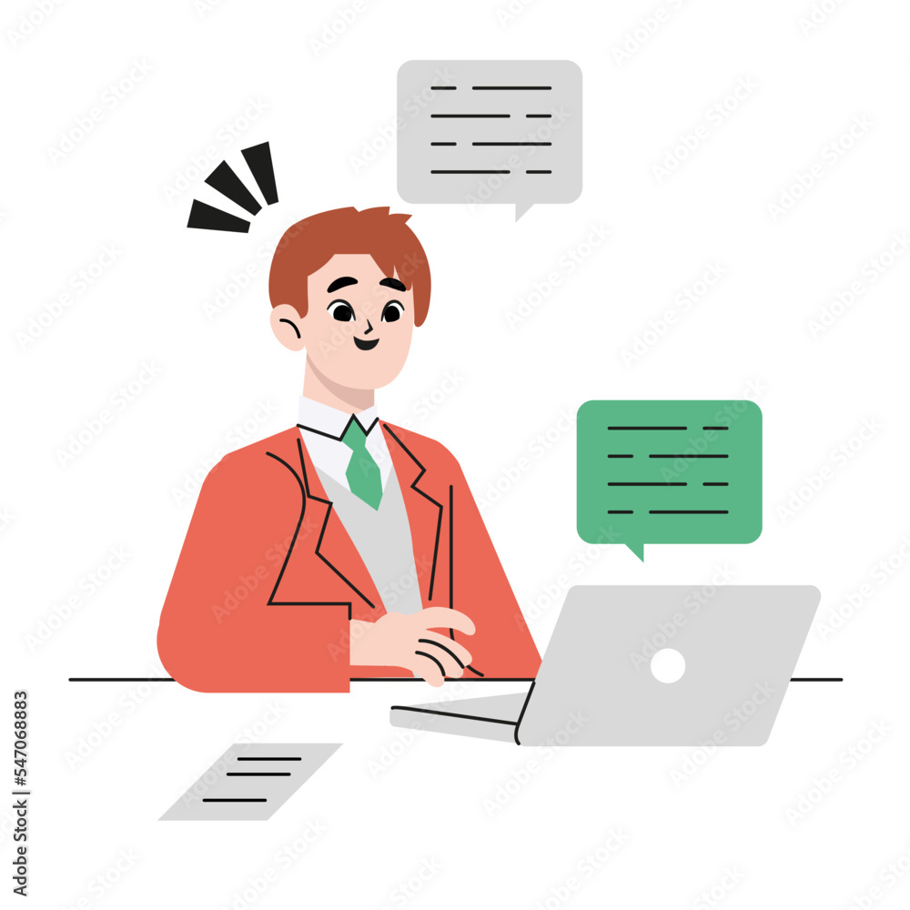 Work on laptop. Young guy sitting at workplace, remote employee or freelancer. Workflow in office. manager or clerk. Man at computer writing notes, doing tasks. Cartoon flat vector illustration Work on laptop. Young guy sitting at workplace, remote employee or freelancer. Workflow in office. manager or clerk. Man at computer writing notes, doing tasks. Cartoon flat vector illustration