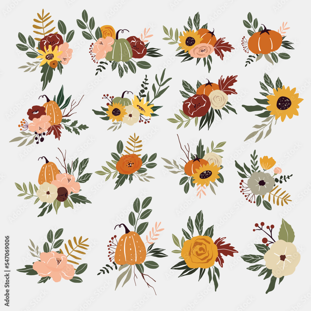 Vector autumn set of bouquets with pumpkins and sunflowers Vector autumn set of bouquets with pumpkins and sunflowers