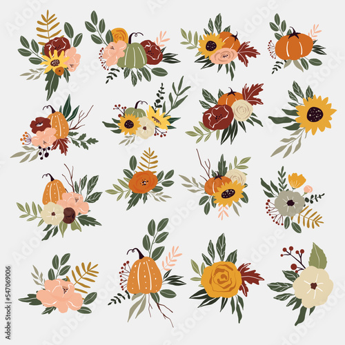Vector autumn set of bouquets with pumpkins and sunflowers © vanilnoe_nebo