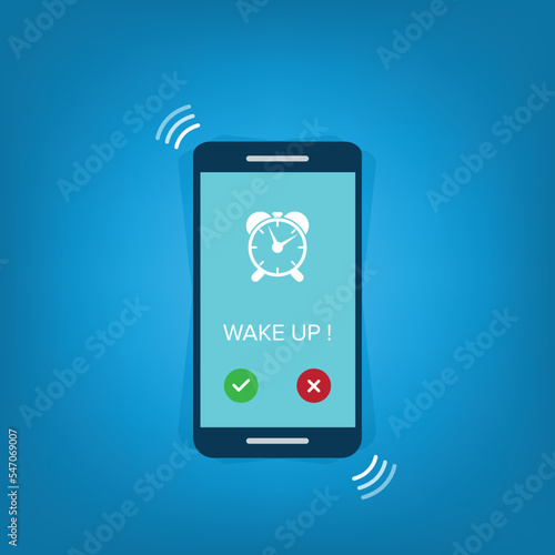 Alarm. Phone with app alarm clock on the screen.