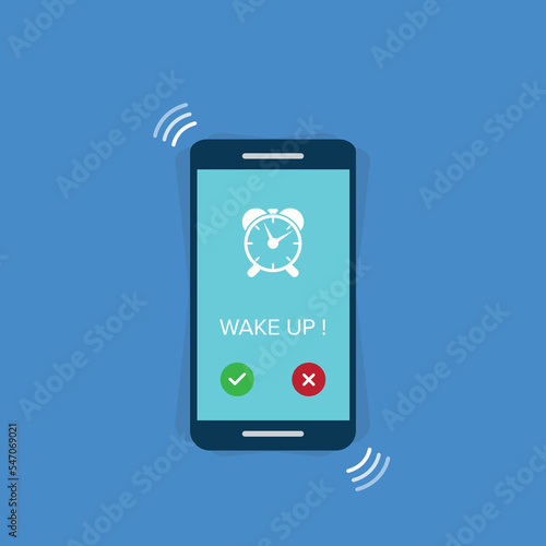 Alarm. Phone with app alarm clock on the screen.