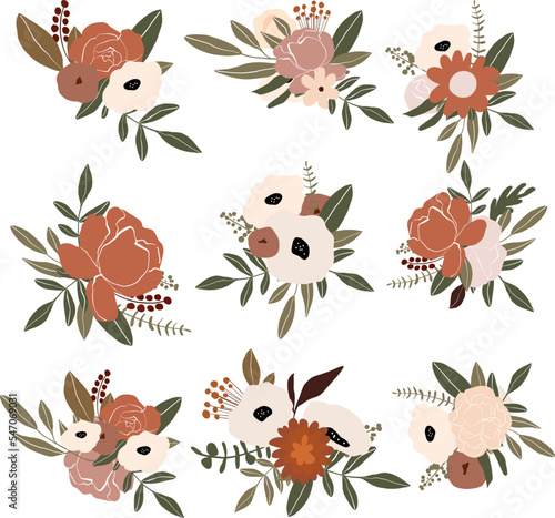 Vector bouquets with peony and anemonus