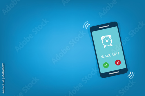 Alarm. Phone with app alarm clock on the screen.