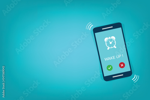 Alarm. Phone with app alarm clock on the screen.