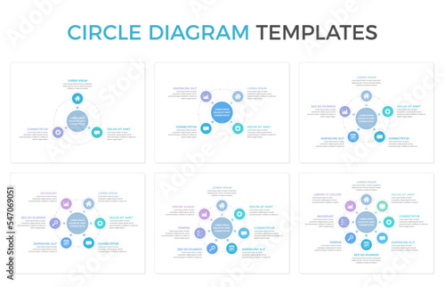 Circle diagram templates set - 3, 4, 5, 6, 7 and 8 elements, circle infographics