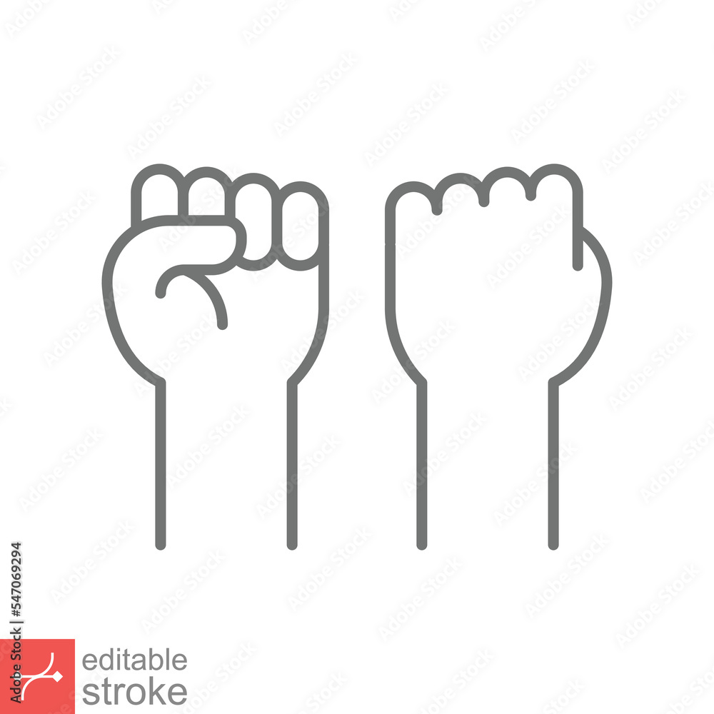 Fist raised up icon. Simple outline style. Strong arm, hand power, unity, revolution, protest, freedom concept. Thin line vector illustration isolated on white background. Editable stroke EPS 10. Fist raised up icon. Simple outline style. Strong arm, hand power, unity, revolution, protest, freedom concept. Thin line vector illustration isolated on white background. Editable stroke EPS 10.