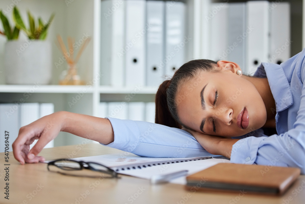 Tired, sleep and woman in business on her table feeling burnout and overworked while sleeping in her office. Nap, dreaming and exhausted with fatigue businesswoman napping on her table at work Tired, sleep and woman in business on her table feeling burnout and overworked while sleeping in her office. Nap, dreaming and exhausted with fatigue businesswoman napping on her table at work