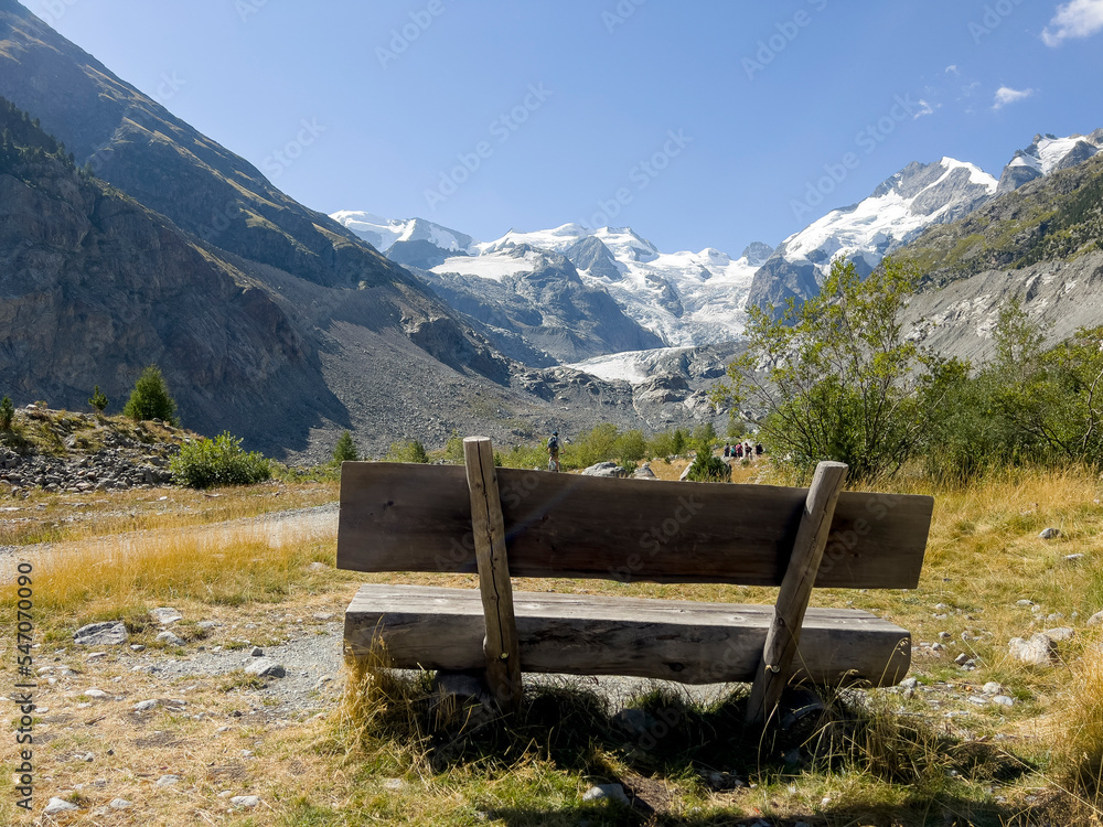 From the bench, the view of Morteratsch Glacier is breathtakingly beautiful.