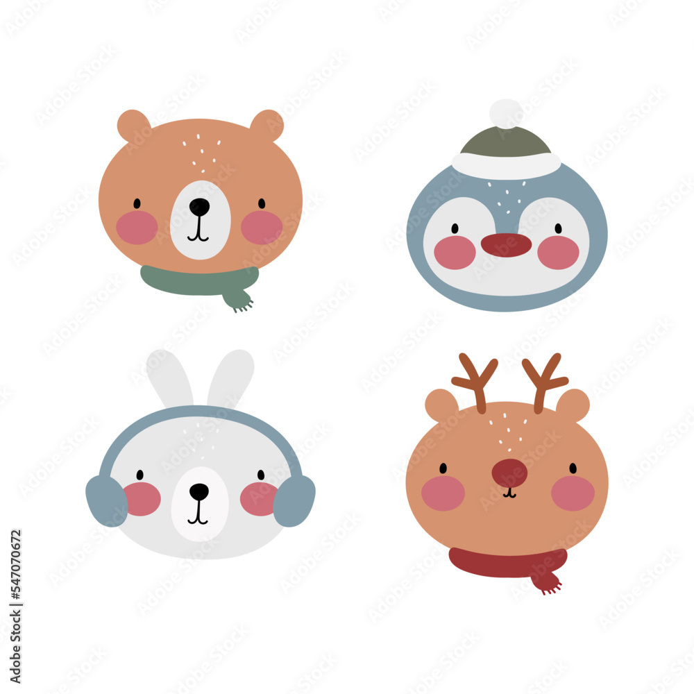 Set with winter animals. Bear, penguin, rabbit and deer. Vector illustration on a white background. For card, posters, stickers, icons, printing on the pack, printing on clothes, fabric, wallpaper. Set with winter animals. Bear, penguin, rabbit and deer. Vector illustration on a white background. For card, posters, stickers, icons, printing on the pack, printing on clothes, fabric, wallpaper.