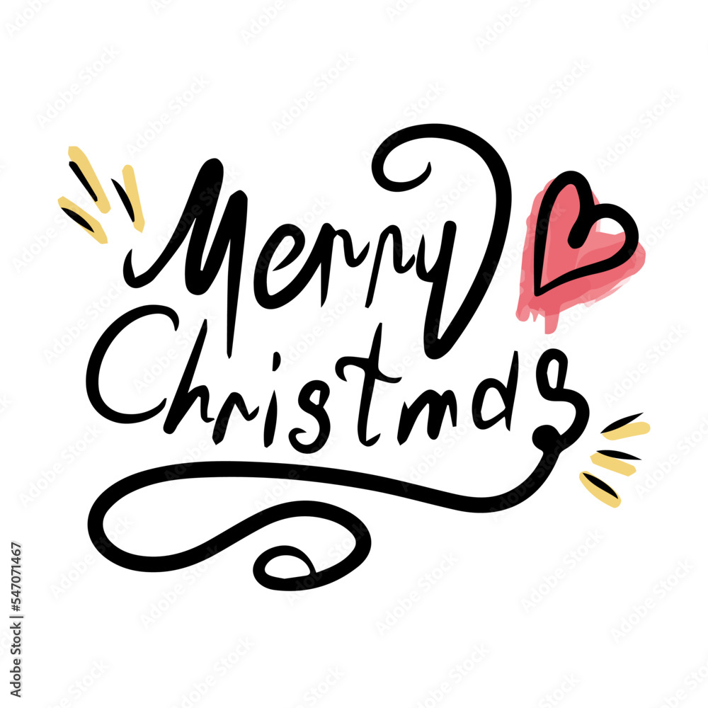 Merry Christmas lettering in black. Design template for invitations, postcards, clothes. Isolated background. Vector
