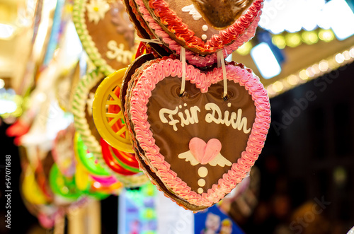 Gingerbread Hearts at German Christmas Market. For you - inscription in German