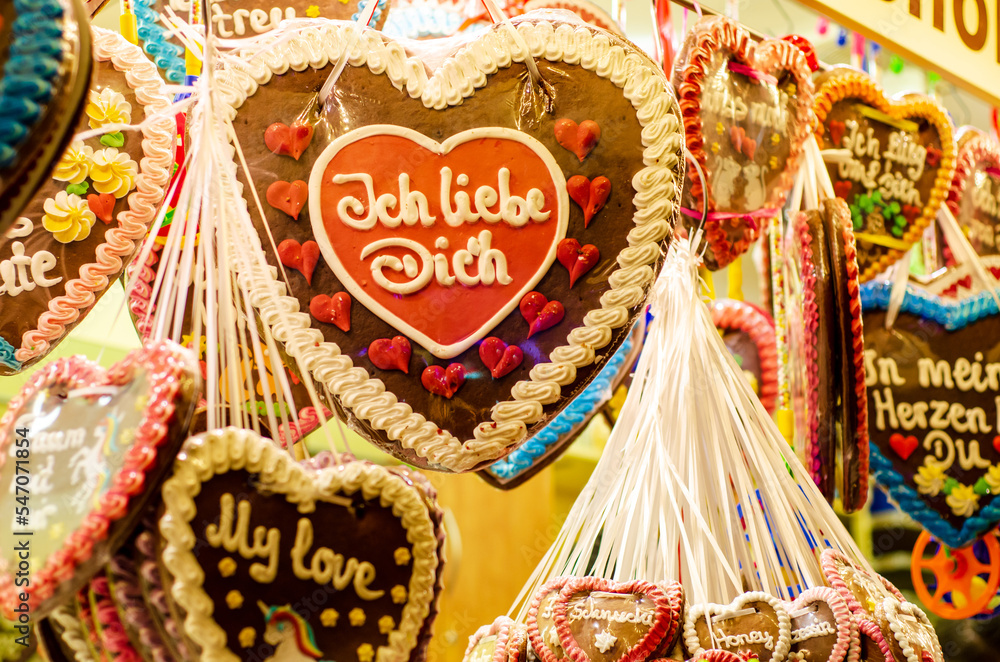Gingerbread Hearts at German Christmas Market. I love you - inscription in German