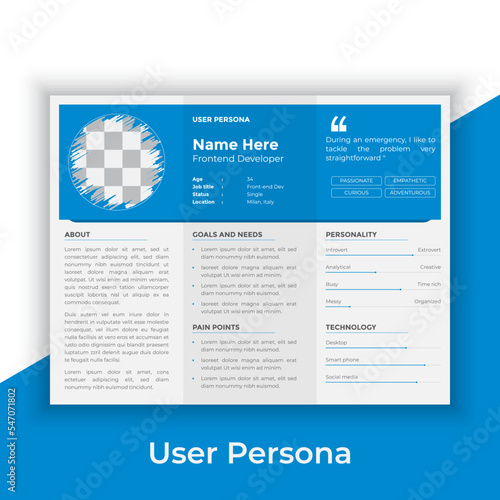 User Persona Document Template Vector Illustration. Examples of User Personas template. Persona Document. Persona Template for UI UX designer. User Persona vector horizontal template with blue color. 
