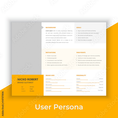 User Persona Document Template Vector Illustration. Examples of User Personas template. Persona Document. Persona Template for UI UX designer. User Persona vector horizontal template with blue color. 