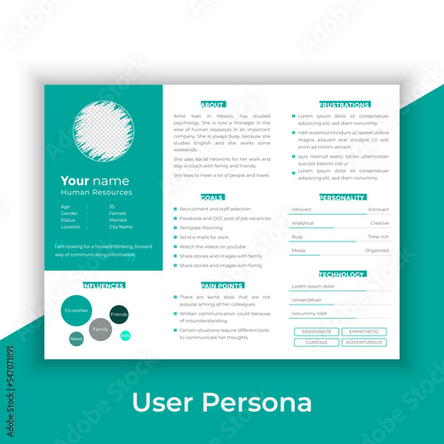 User Persona Document Template Vector Illustration. Examples of User Personas template. Persona Document. Persona Template for UI UX designer. User Persona vector horizontal template with blue color. 
