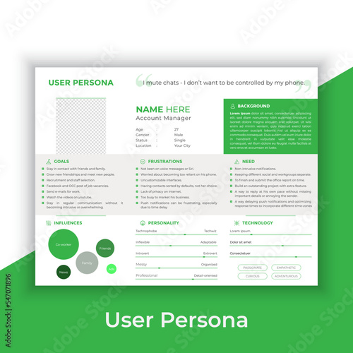 User Persona Document Template Vector Illustration. Examples of User Personas template. Persona Document. Persona Template for UI UX designer. User Persona vector horizontal template with blue color. 