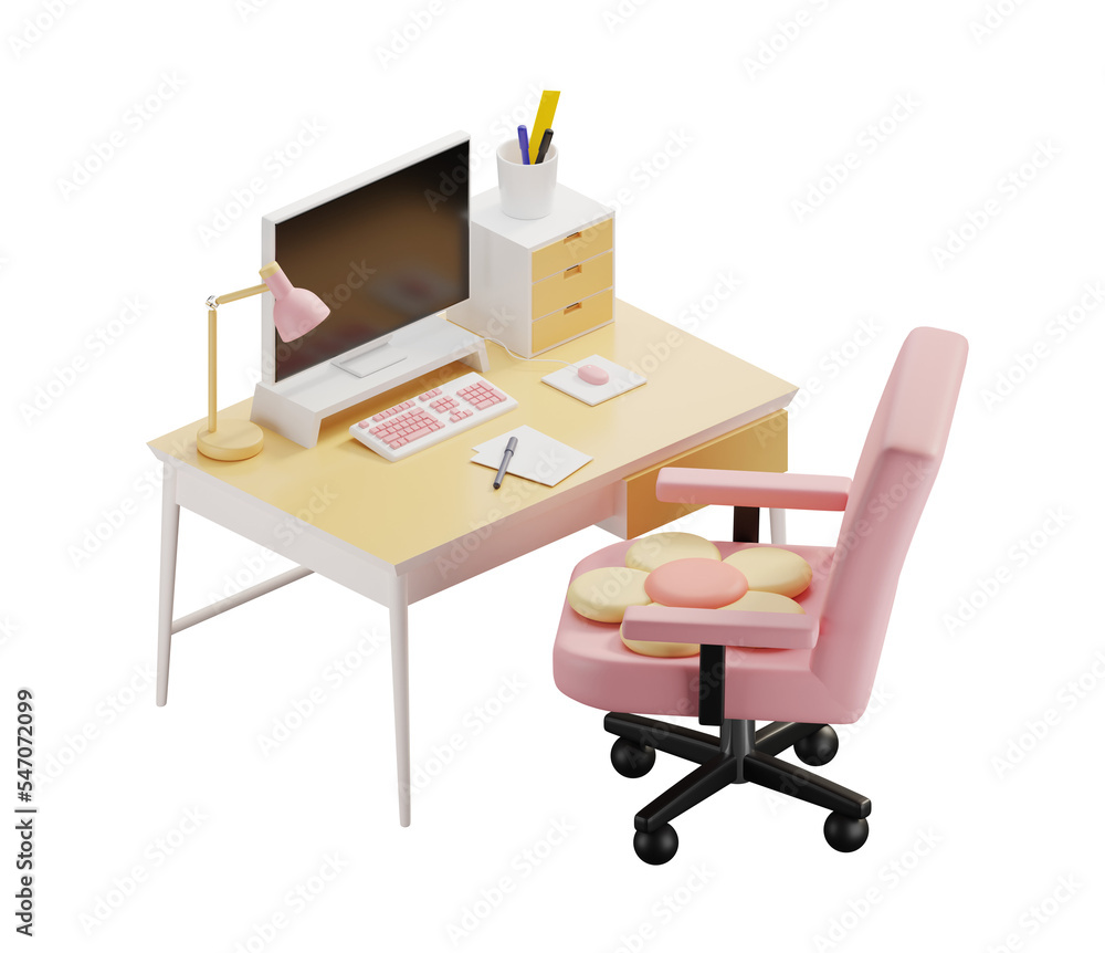 Desk with computer, office Chair on white background. Clipping path included. 3D rendering Desk with computer, office Chair on white background. Clipping path included. 3D rendering