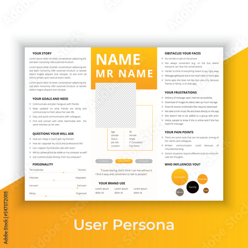 User Persona Document Template Vector Illustration. Examples of User Personas template. Persona Document. Persona Template for UI UX designer. User Persona vector horizontal template with blue color. 