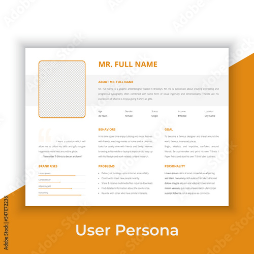 User Persona Document Template Vector Illustration. Examples of User Personas template. Persona Document. Persona Template for UI UX designer. User Persona vector horizontal template with blue color. 