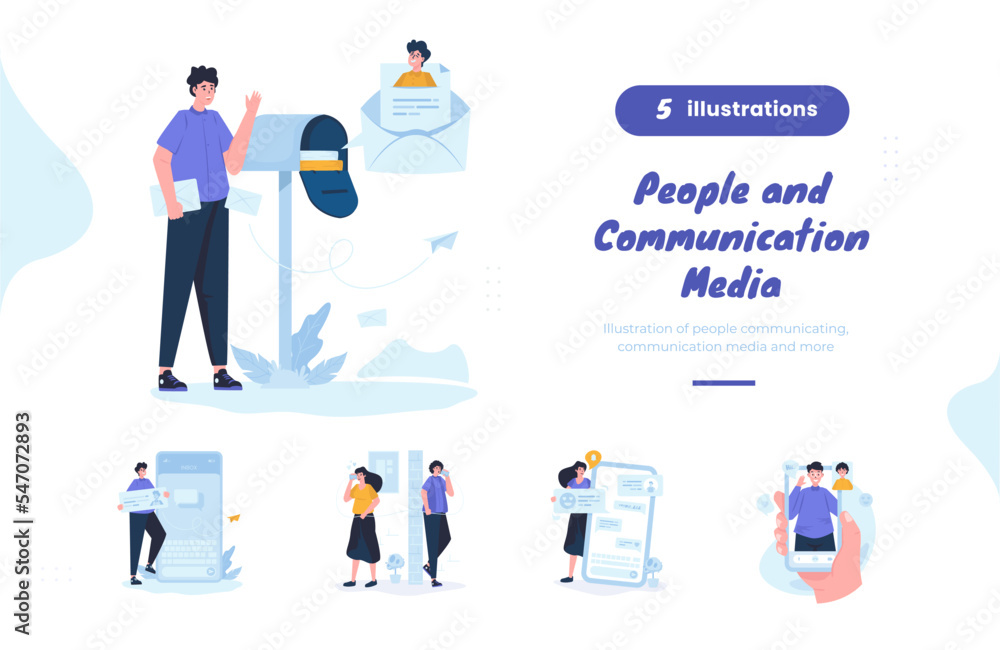 People and communication media illustration bundle pack