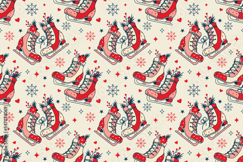Vintage groovy Сhristmas seamless wallpaper with figure skating equipment. Fun Retro Xmas background, Vector seamless pattern, fabric, wrapping paper. Cozy winter concept