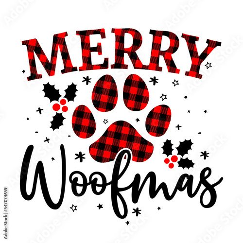 Merry Woofmas (Christmas) - Paw print shaped dog or cat paw prints for gift tag. Hand drawn footprints for Xmas greetings cards, invitations. Good for t-shirt, mug, scrap booking, gift, printing press