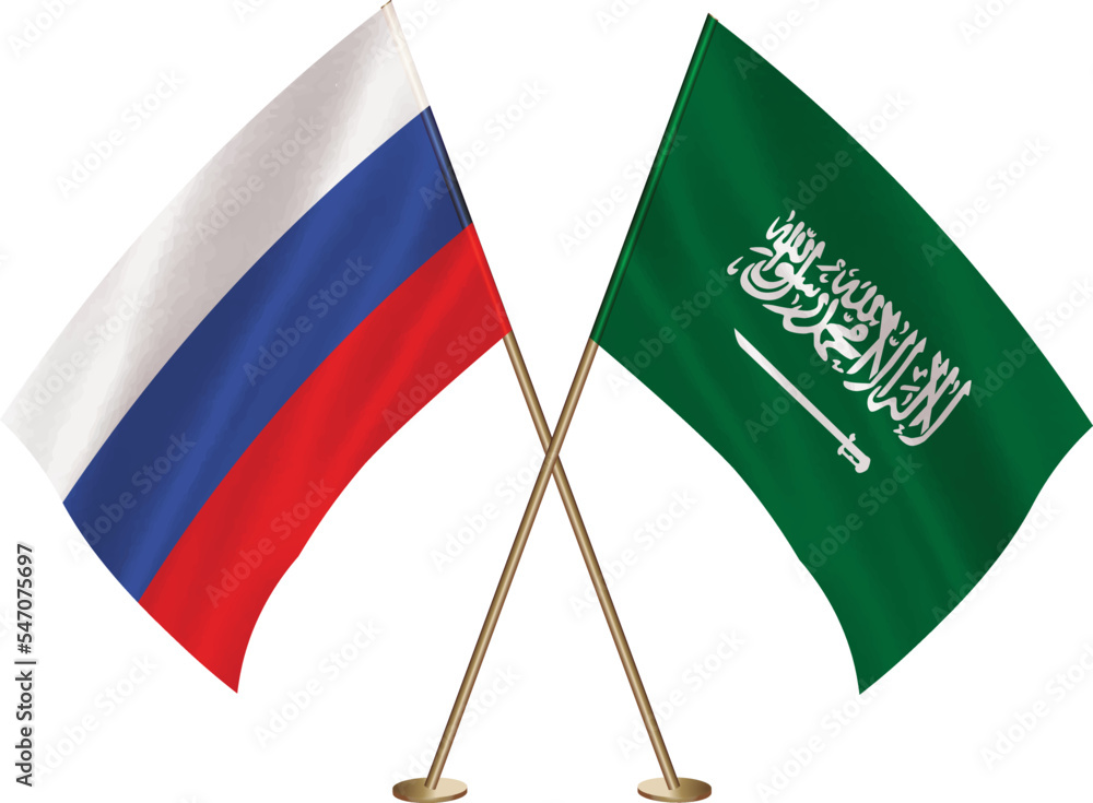 Russian,Saudi Arabian flag together.Russia,Kingdom of Saudi Arabia waving flag Stock Vector