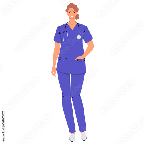 Nurse standing and holding hand in pocket isolated on white background. Medical worker with a stethoscope and wearing scrubs. Smiling character. Flat style, vector illustration.