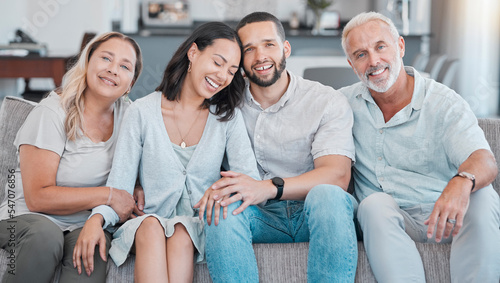 Big family, love and happy on sofa in home, bonding and enjoying quality time together. Family care, happiness portrait and grandma, grandpa and man and woman on couch in living room relax in house