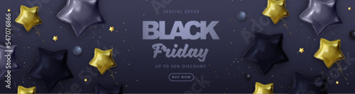 Black friday big sale typography poster with black and gold star shaped balloons. Vector illustration
