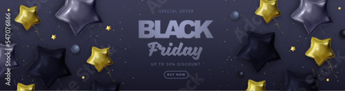 Black friday big sale typography poster with  black and gold star shaped balloons. Vector illustration