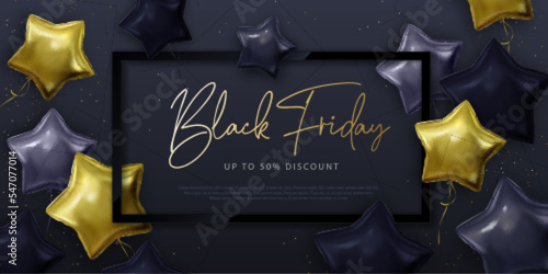 Black friday big sale typography poster with  black and gold star shaped balloons. Vector illustration photo