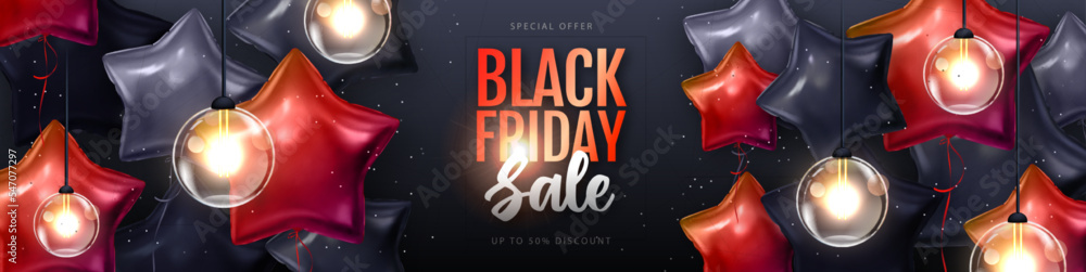 Black friday big sale typography poster with  black and red star shaped balloons. Vector illustration
