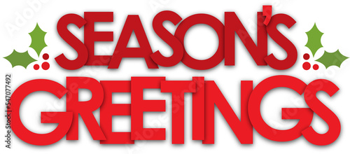 Slika na platnu SEASON'S GREETINGS red typography banner with holly on transparent background