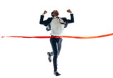 Winning businessman approaching the finish line on a transparent background