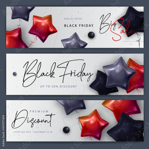 Set of Black friday big sale typography banners with  black and red star shaped balloons. Vector illustration photo