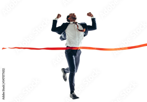 Winning businessman approaching the finish line on a transparent background photo